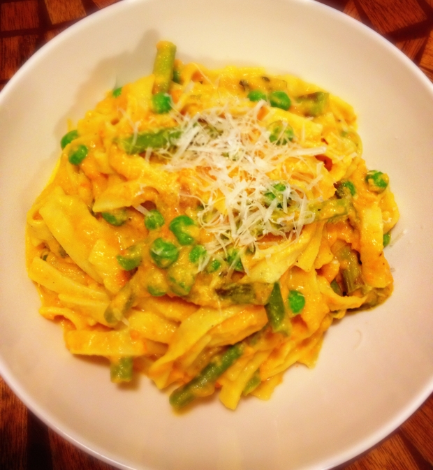 Curry Roasted Carrot Purée with Fettuchine, Roasted Asparagus, and Peas